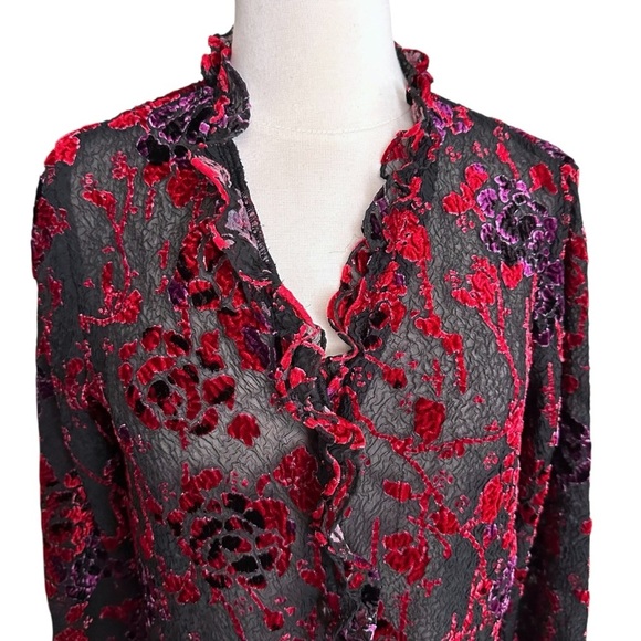 COLDWATER CREEK Sheer Velvet Burnout Ruffle Trim Floral Blouse Whimsigoth Small - Picture 6 of 14
